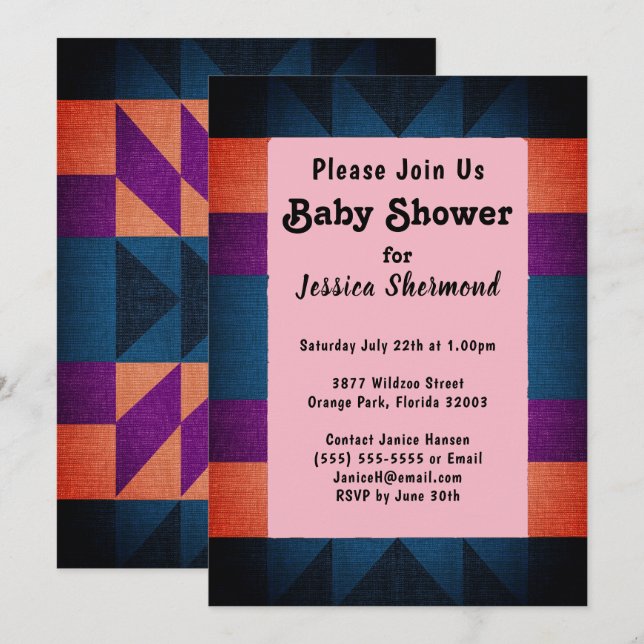 Aztec Tribal Artsy Baby Shower Blue Lila Orange Inbjudningar (Fram/baksida)