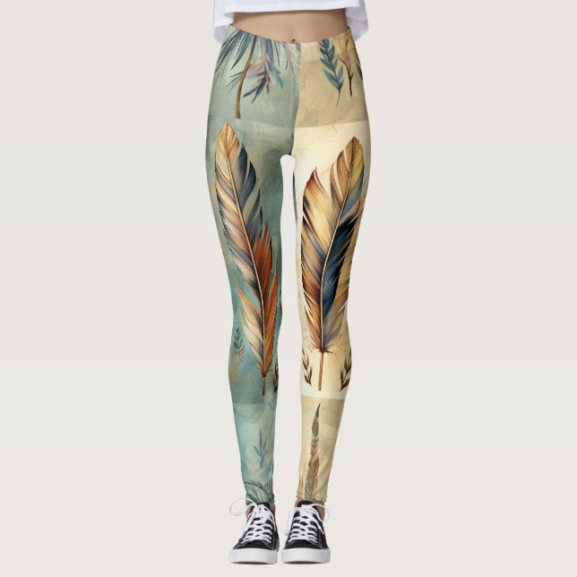 Aztec Tribal Feathers Medicine Stick Leggings (Framsida)