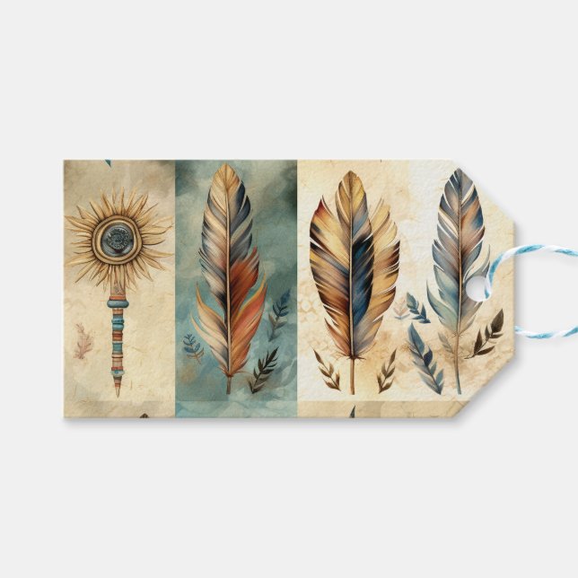 Aztec Tribal Feathers Medicine Stick Presentetikett (Framsidan (Horisontell))