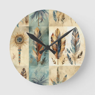 Aztec Tribal Feathers Medicine Stick Rund Klocka