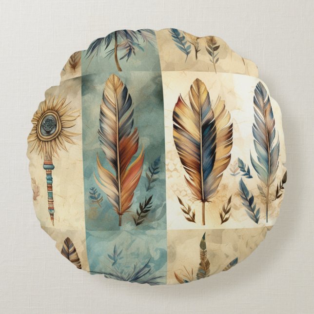 Aztec Tribal Feathers Medicine Stick Rund Kudde (Framsidan)