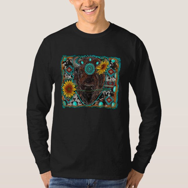 Aztec Turquoise Sunflower bison Western Rodeo Boho T Shirt (Framsida)