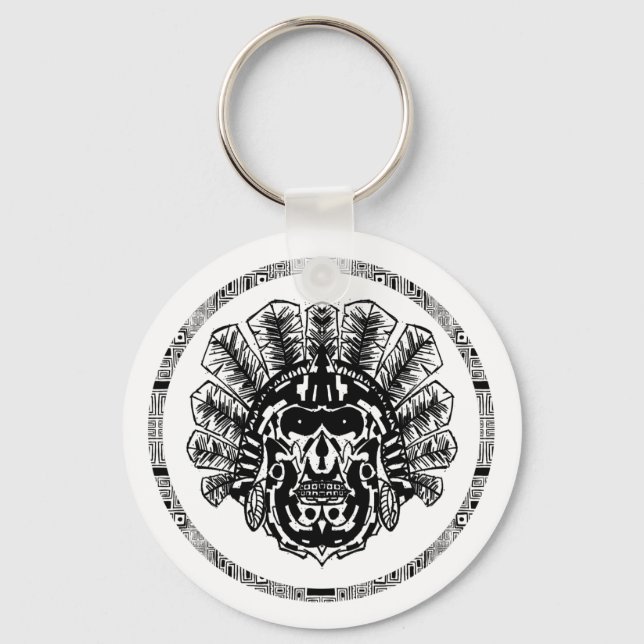 Aztec Warrior Head Circle Nyckelring (Framsida)