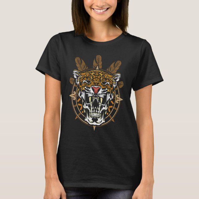 Aztec Warrior Jaguar Dödsskulls inbyggda headdress T Shirt (Framsida)