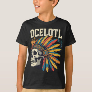 Aztec Warrior Skull med färgfulla fjädringshuddar T Shirt