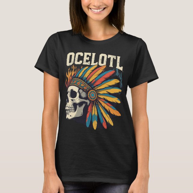 Aztec Warrior Skull med färgfulla fjädringshuddar T Shirt (Framsida)