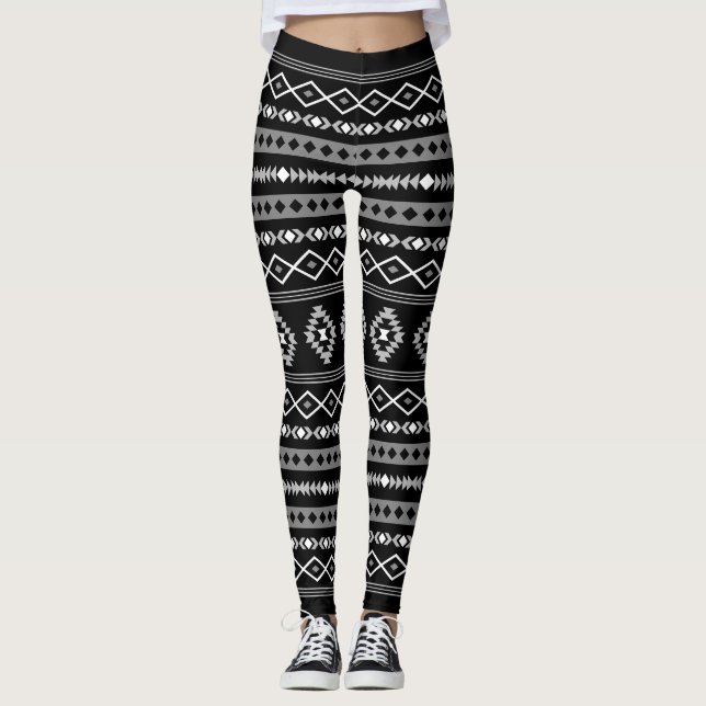 Aztec White Grått Black Mixed Motifs Lg Mönster Leggings (Framsida)