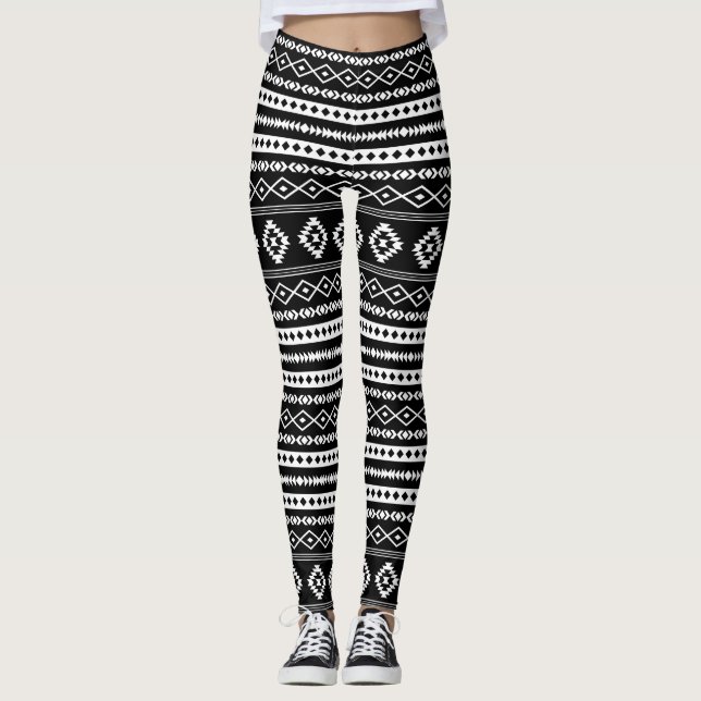 Aztec White på Black Mixed Motifs Rpt Mönster Leggings (Framsida)