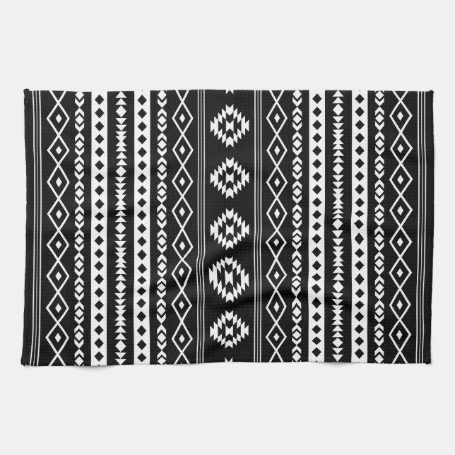 Aztec White på svarta blandade filmer (V) Mönster Kökshandduk (Horisontell)