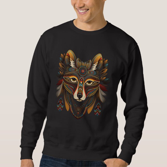 Azteca Fox Illustration Traditional Mexico Animal Lång Ärmad Tröja (Framsida)