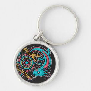 Aztek Axolotl Xolotl Tribal Mönster mytologi boho Rund Silverfärgad Nyckelring