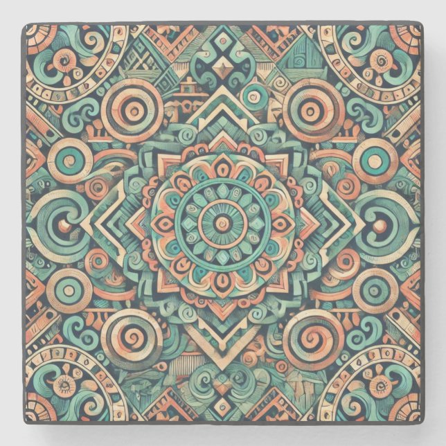 Aztek-inspirerad teal och terrakotta-mönster stenunderlägg (Framsidan)