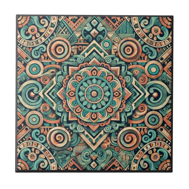 Aztekinspirerad teal och terrakotta-mönster kakelplatta (Framsidan)