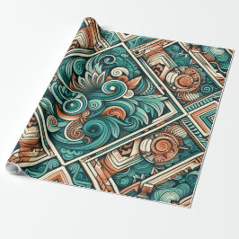 Aztekinspirerad teal och terrakotta-mönster presentpapper