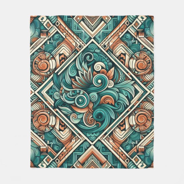Aztekisk-Inspirerad Teal och Terrakotta Mönster Fleecefilt (Framsidan)
