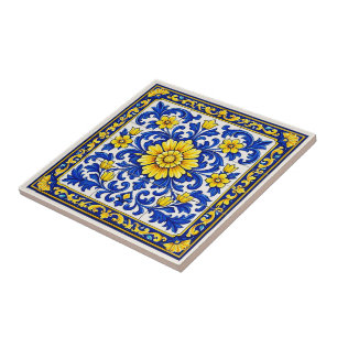 Azul Flor Dourada — Blommig Azulejo Kakelplatta