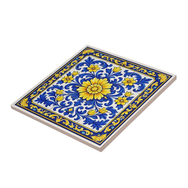 Azul Flor Dourada — Blommig Azulejo  Kakelplatta (Sidan)
