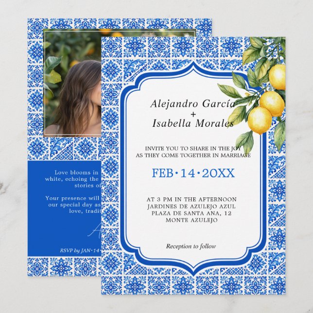 🍋💙Azul & Limone Romance – Fotoupplaga  Inbjudningar (Fram/baksida)