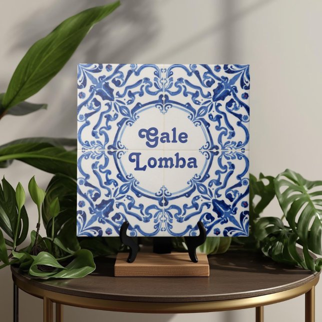 Azulejo Blå Anpassad Husnamn Skylt Plakett Skylt  Kakelplatta (Azulejo Mediterranean Blue & White Custom House Name Or Family Name Plaque Sign Square Ceramic Tile)