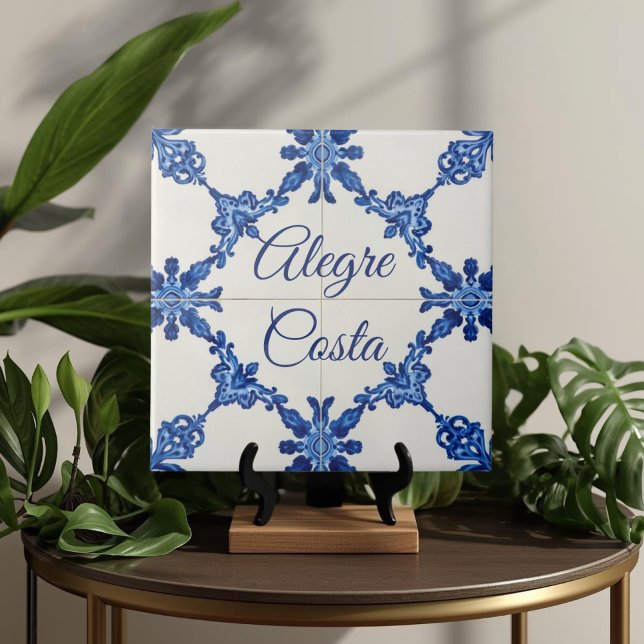Azulejo Blå Anpassad Husnamn Skylt Plakett Skylt  Kakelplatta (Azulejo Mediterranean Blue & White Custom House Name Or Family Name Plaque Sign Square Ceramic Tile)