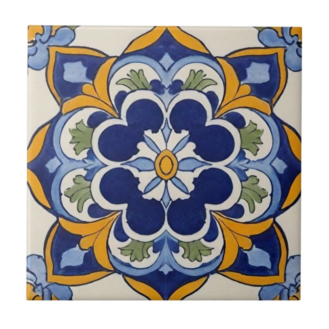 Azulejo blå gult och grönt mosaik vintage kakelplatta (Framsidan)