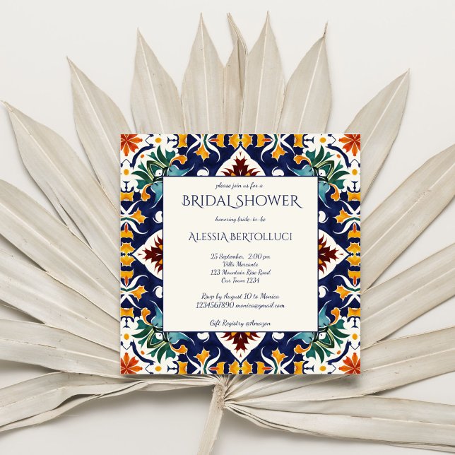 Azulejo blå möhippa i Medelhavet Inbjudningar (Azulejo blue colorful Portugueses  Mediterranean ornate tile bridal shower Invitation template )