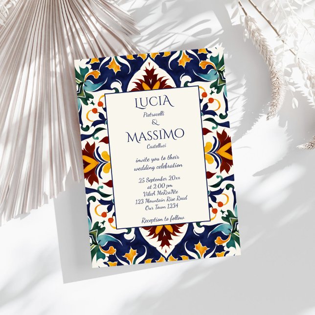Azulejo blå portugisisk medelhavsornat inbjudningar (Azulejo blue Portuguese Mediterranean ornate tiles wedding Invitation template digital download)