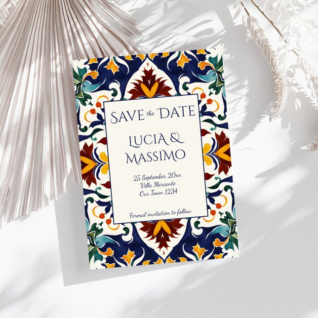 Azulejo blå portugisisk medelhavsornat spara datumet (Azulejo blue Portuguese Mediterranean wedding ornate vintage bohemian tiles Save The Date)