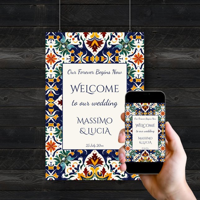 Azulejo blå portugisisk Medelhavssymbol Poster (Azulejo blue Portuguese colorful tiles Mediterranean wedding welcome sign poster template digital)