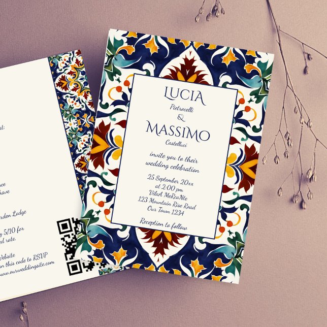 Azulejo blå portugisiska Medelhavet alla i ett Inbjudningar (Azulejo blue Portuguese Mediterranean Talavera tiles all in one wedding Invitation editable template)