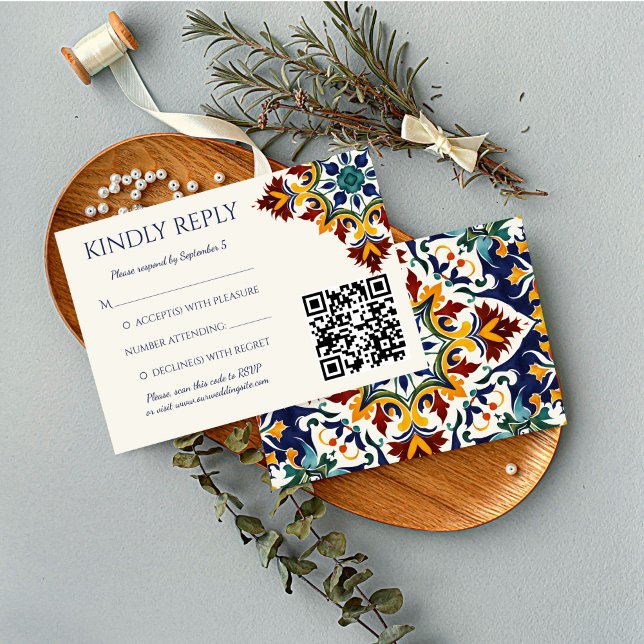 Azulejo blå portugisiska Medelhavet bröllop OSA Kort (Azulejo blue Portuguese tiles Mediterranean themed wedding qr RSVP Card wedding invitation suite)