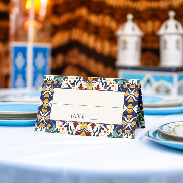 Azulejo blå portugisiska Medelhavet bröllop Placeringskort (Azulejo blue Portuguese tiles Mediterranean Morocco themed wedding Place Card personalized decor)