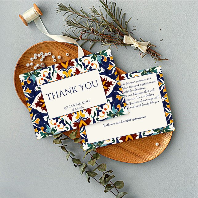 Azulejo blå portugisiska Medelhavet bröllop Tack Kort (Azulejo blue Portuguese Mediterranean wedding Thank You Cards)
