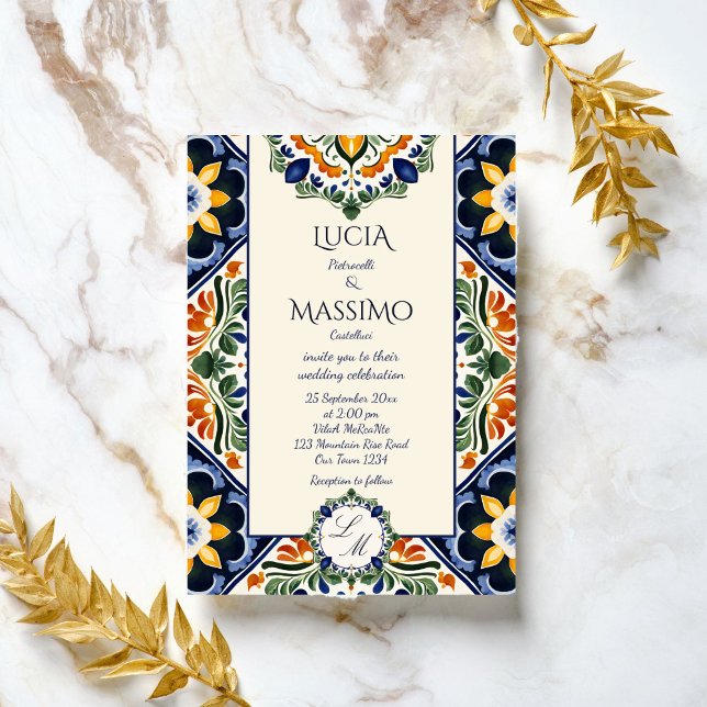 Azulejo blå Talavera vintage mexikanskt bröllop Inbjudningar (Azulejo blue Talavera vintage Mexican wedding Invitation editable template instant digital download)
