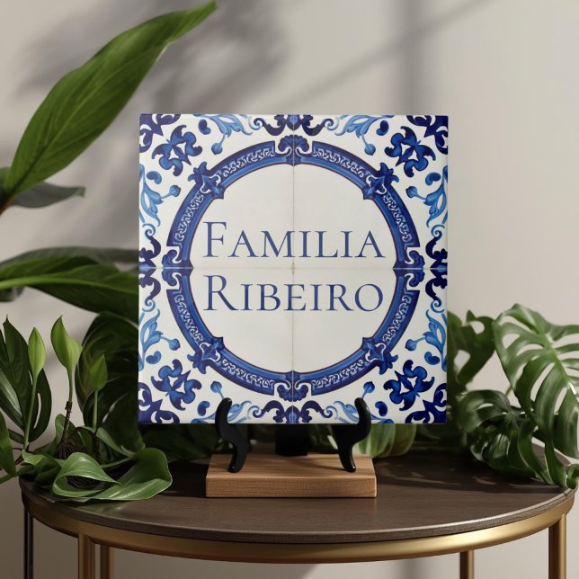 Azulejo Blue Custom House Name Plate Plaque Sign  Kakelplatta (Azulejo Mediterranean Blue & White Custom House Name Or Family Name Plaque Sign Square Ceramic Tile)