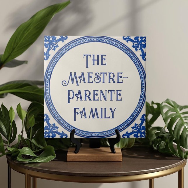 Azulejo Blue Custom House Name Plate Plaque Sign  Kakelplatta (Azulejo Mediterranean Blue & White Custom House Name Or Family Name Plaque Sign Square Ceramic Tile)
