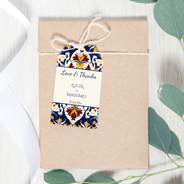 Azulejo Blue Mediterranean bröllop, tryckt för Presentetikett (Azulejo blue colorful talavera folk pattern tiles Mediterranean wedding printed favor Gift Tags)