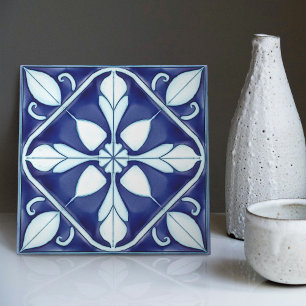 Azulejo Blue och White Symmetrical Blommigt Kakelplatta