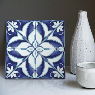 Azulejo Blue och White Symmetrical Blommigt Kakelplatta