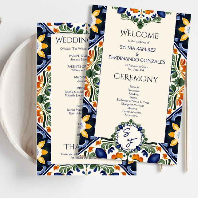 Azulejo blue Talavera Mexikanska bröllopsprogramme (Azulejo blue Talavera vintage Mexican wedding program elegant order of events day of stationery)