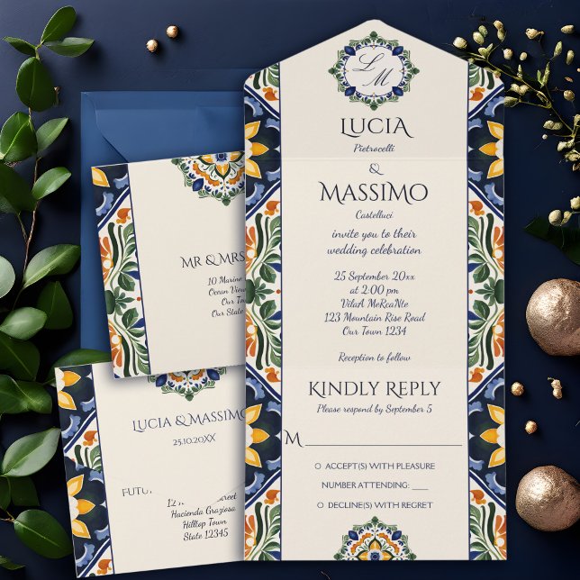 Azulejo blue Talavera vintage Mexikanska bröllop (Azulejo Talavera blue tiles vintage Mexican monogram elegant wedding All In One Invitation card )