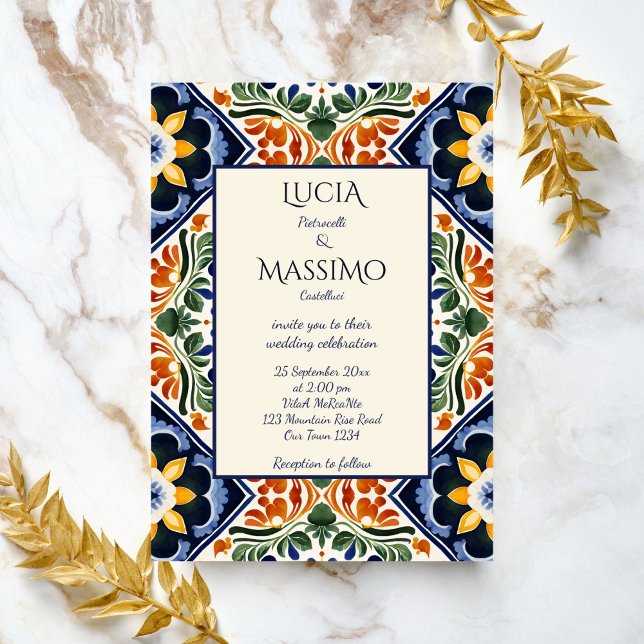 Azulejo blue Talavera vintage Mexikanska bröllop Inbjudningar (Azulejo blue Talavera tiles vintage Mexican wedding Invitation editable template instant download)