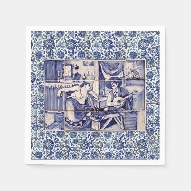 Azulejo Blue Tile Cocktail Napkins Pappersservett (Framsidan)