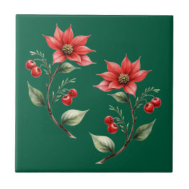 Azulejo decorativlo Natal verde e Flores Vermelhas Kakelplatta
