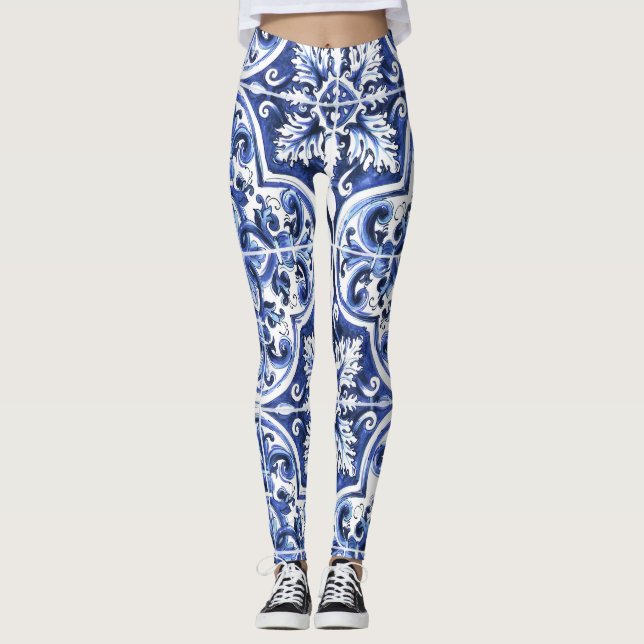 Azulejo Dolce Tile Mönster Leggings Blue Ceramic (Framsida)