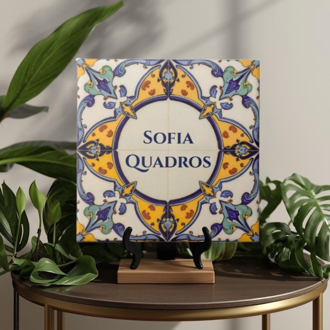 Azulejo Färgglatt Anpassat Namnskylt Kakelplatta (Azulejo Mediterranean Blue & White Custom House Name Or Family Name Plaque Sign Square Ceramic Tile)