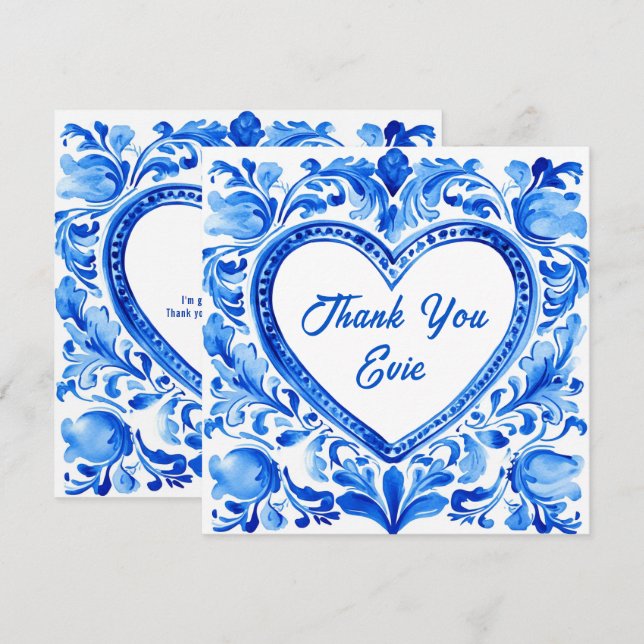 💙Azulejo Hjärtlig Tack‑Kort Tack Kort (Fram/baksida)