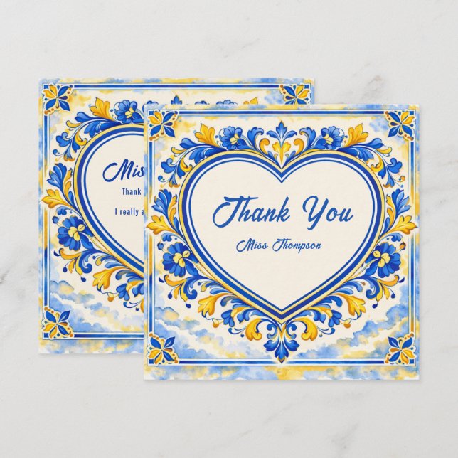 💙 Azulejo Hjärtlig Tack‑Kort Tack Kort (Fram/baksida)