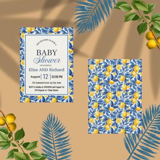 Azulejo Lemons Blue Lövs Botaniska babyskor Inbjudningar (Skapare uppladdad)