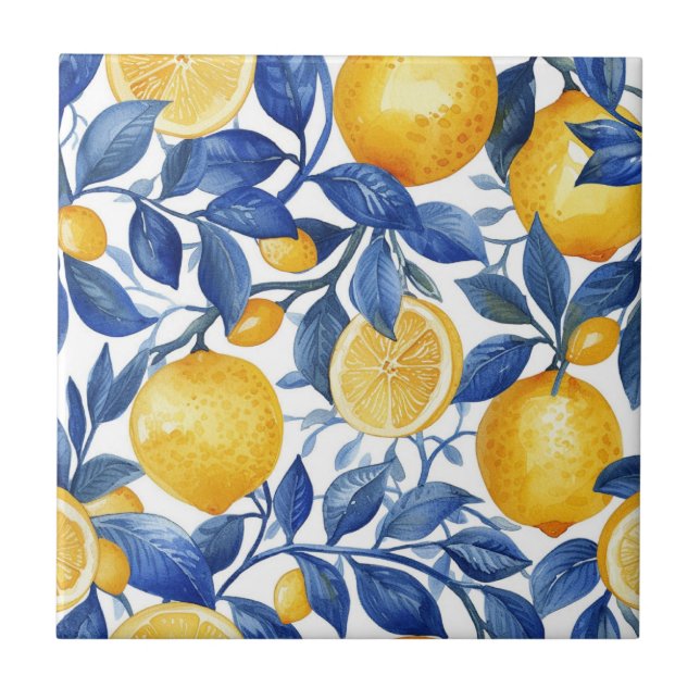 Azulejo Lemons Blue Lövs Mönster Kakelplatta (Framsidan)